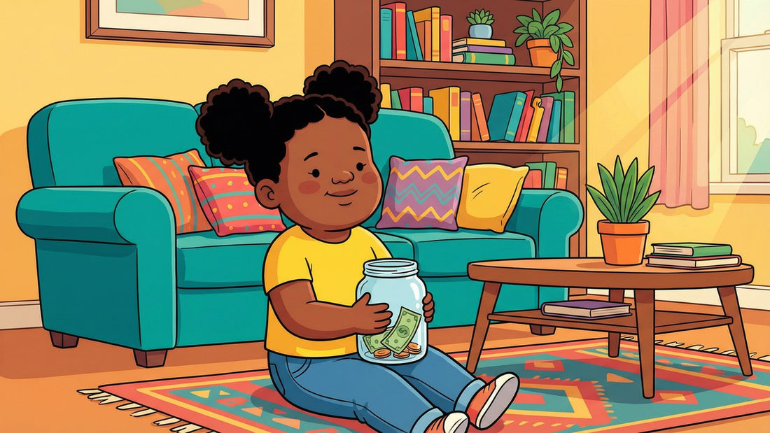 Young Black girl learning to save money with a clear jar of coins in a cozy American living room