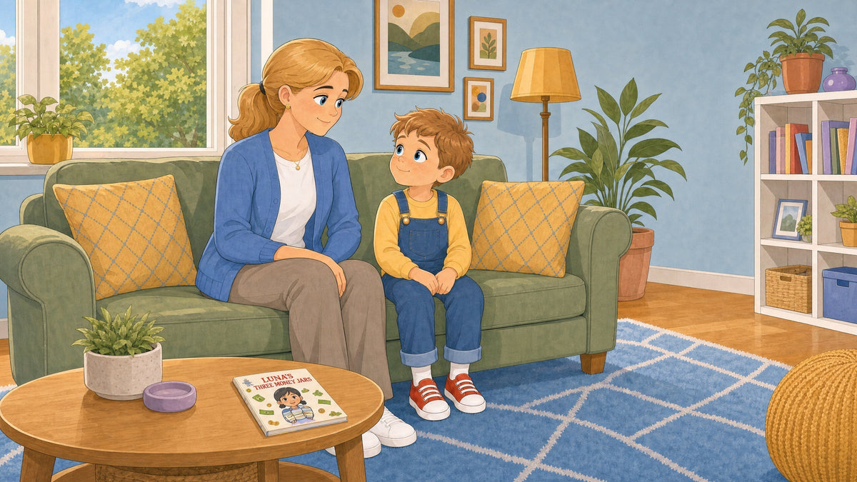 Blond mother and light brown haired son share a calm conversation in a bright soft blue and sage living room with Luna's Three Money Jars on the coffee table