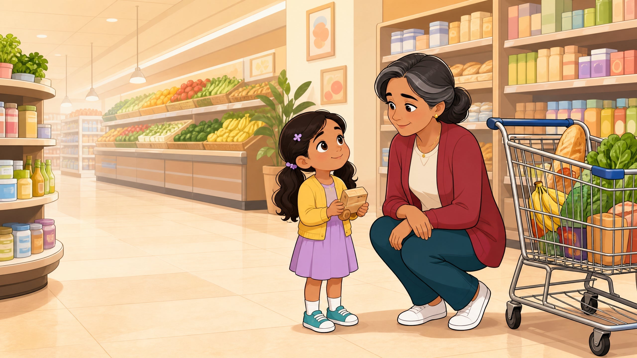 Indian American grandmother and granddaughter calmly discuss a toy in a grocery store