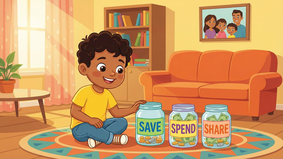 Hispanic boy with SAVE SPEND SHARE jars in living room learning about savings goals