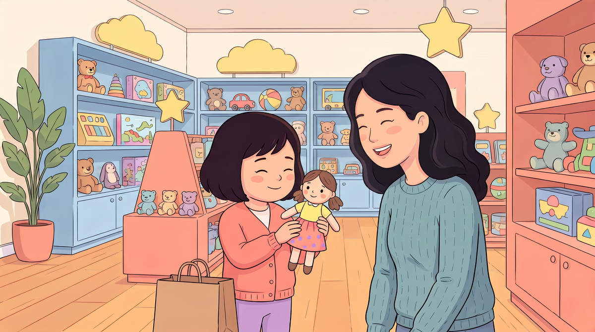 Korean American mother smiles as her young daughter happily holds a colorful new doll in a toy store.