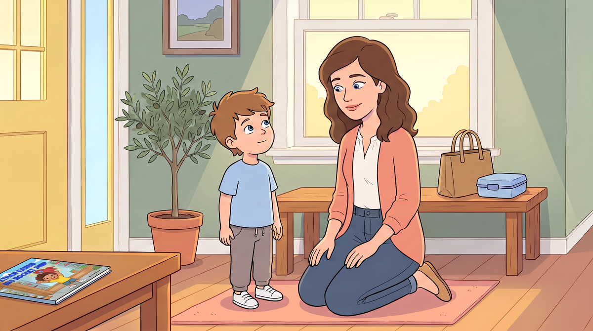 Mother listens warmly as her young son asks a question about her work in their home entryway.