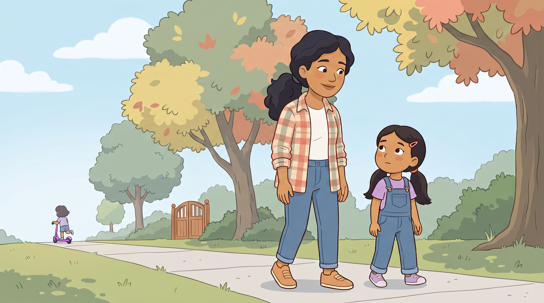 Filipino American mother listens warmly as her young daughter notices a classmate riding a purple scooter after school.