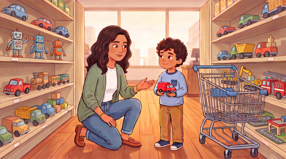 Lebanese American mother kneels beside her young son in a toy store aisle, calmly helping him handle a no as he holds a small red toy truck.