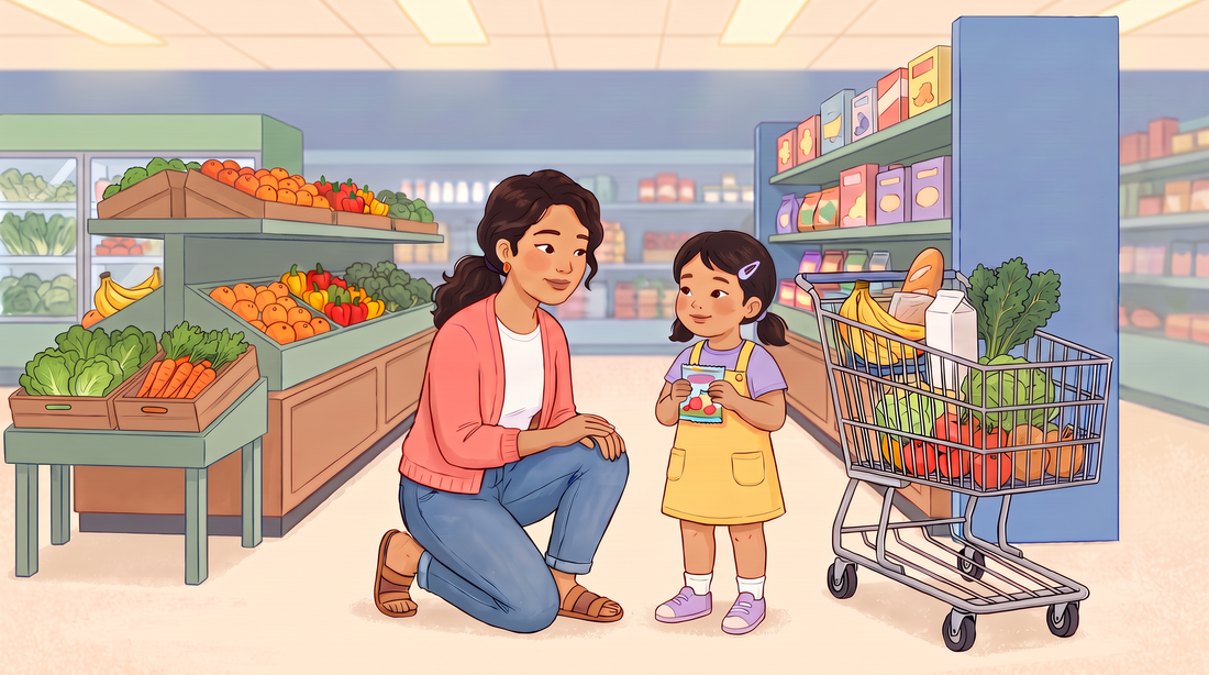 Asian American mother kneels beside her young daughter in a supermarket produce department, using calm choice language as her daughter holds a small snack pouch.