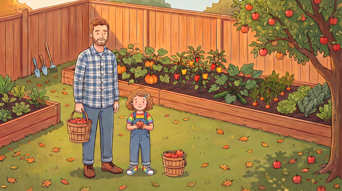 Father and young daughter stand in a fall backyard beside apple baskets and a long raised vegetable garden, learning that money is limited and can be planned.