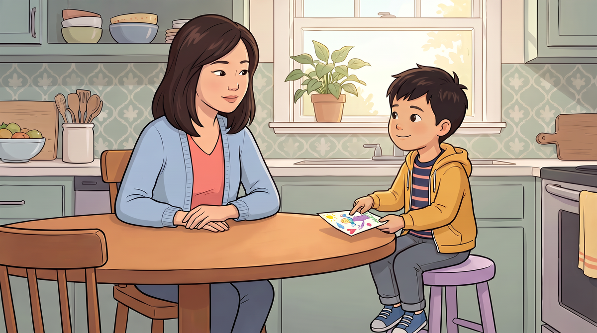 Chinese American mother listens as her young son points to a wish card at a warm family kitchen table.