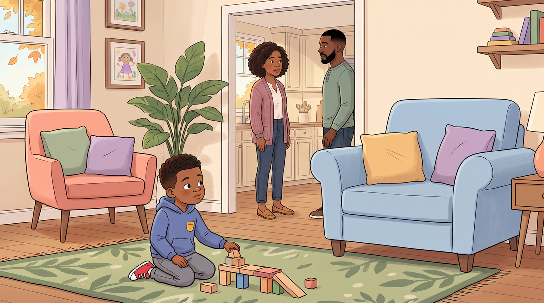 Nigerian American boy senses adult money stress while his parents have a private conversation in a warm family room.
