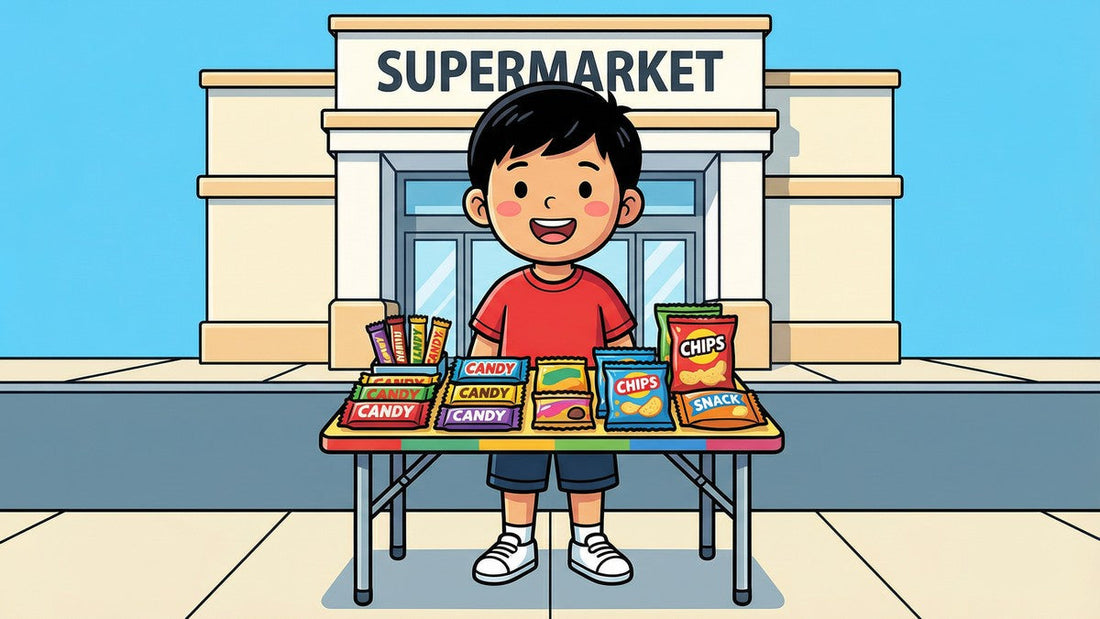 Young Asian Vietnamese boy selling candy at a table outside a supermarket