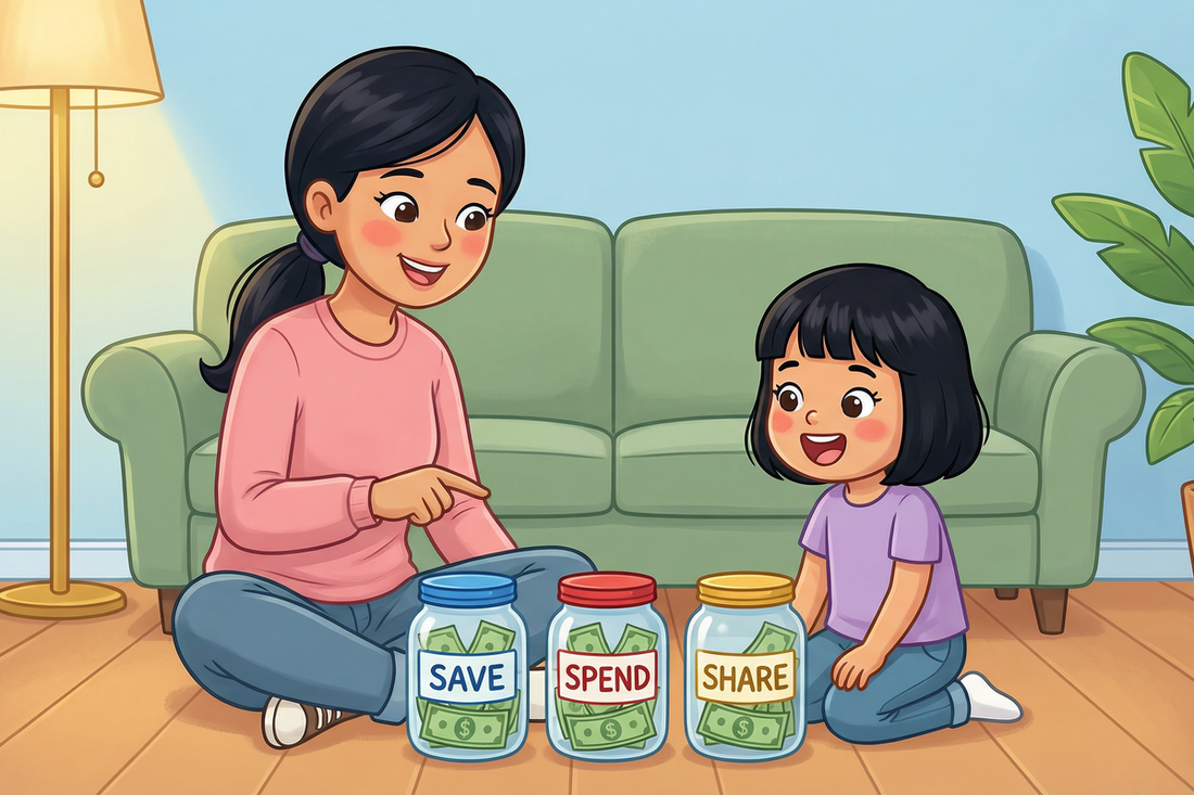 Mom and daughter setting a savings goal together with a SAVE jar
