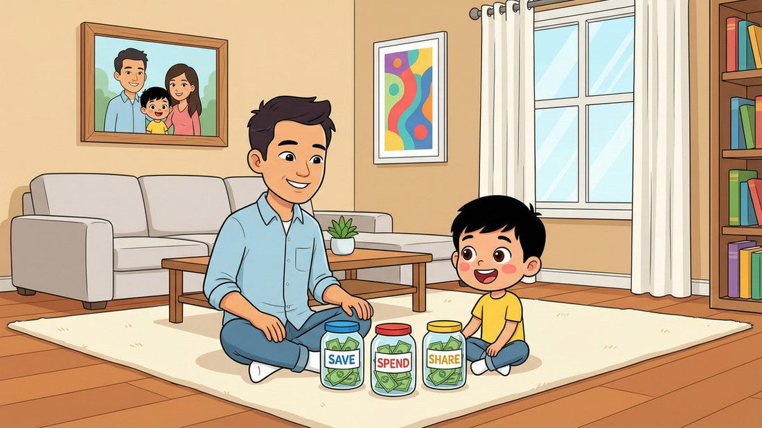 Dad and son learning about money with Save Spend Share jars in cozy American living room with family photos on wall