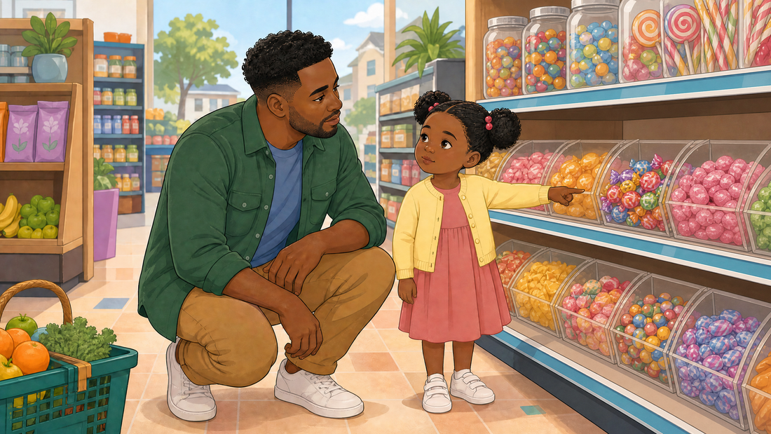 Black father kneels beside his five year old daughter in a bright grocery candy aisle as he calmly holds a money boundary