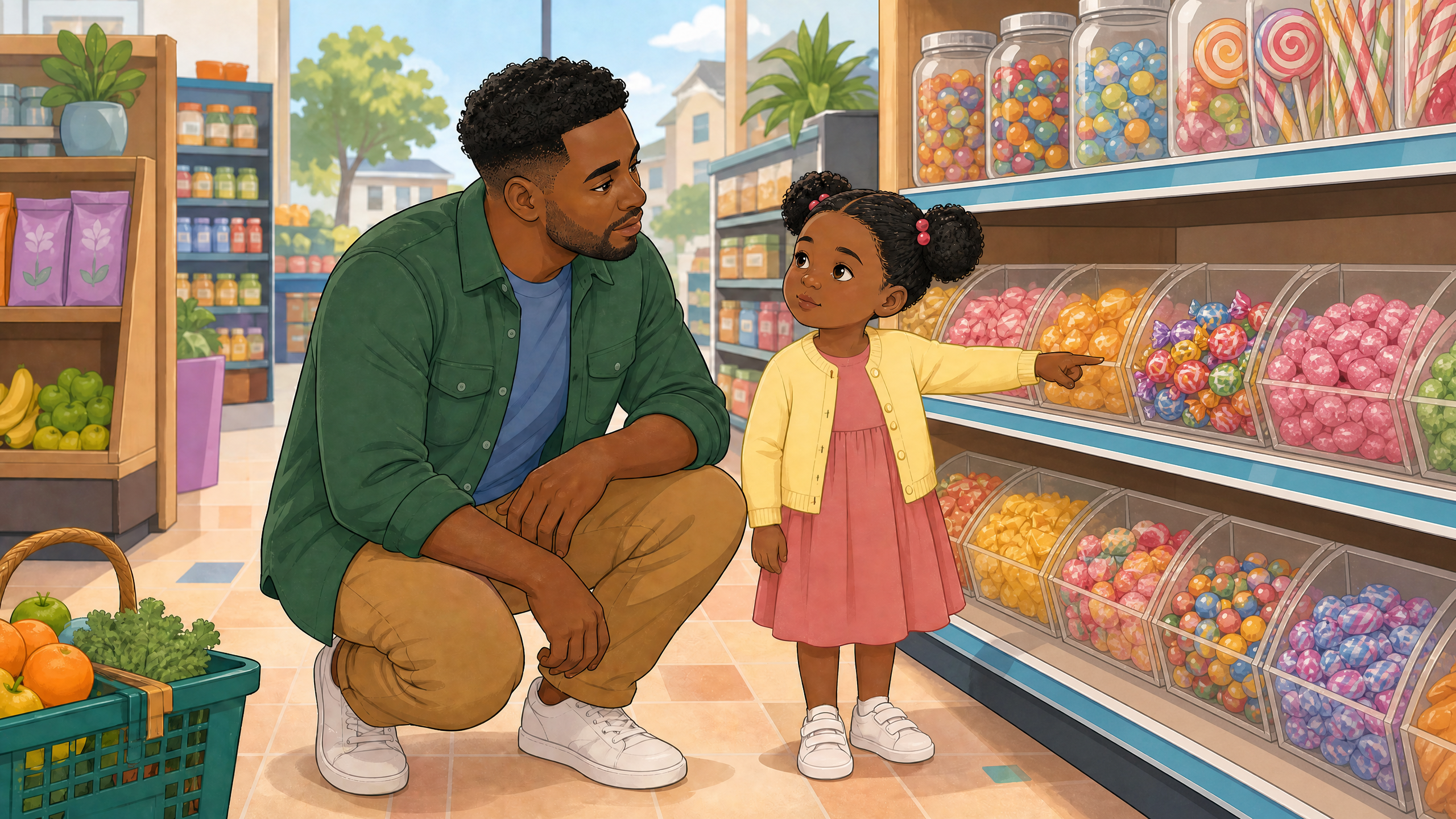 Black father kneels beside his five year old daughter in a bright grocery candy aisle as he calmly holds a money boundary