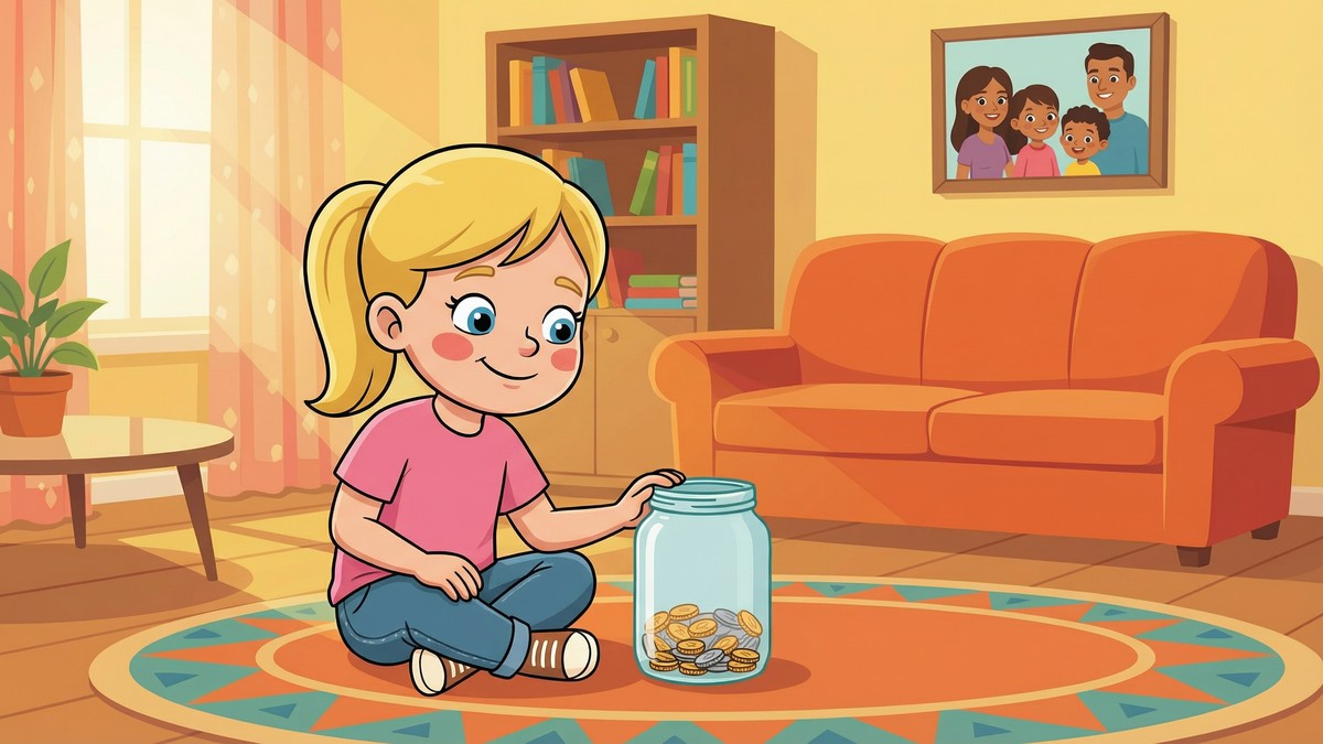 Young blonde girl with a jar of coins in a cozy living room