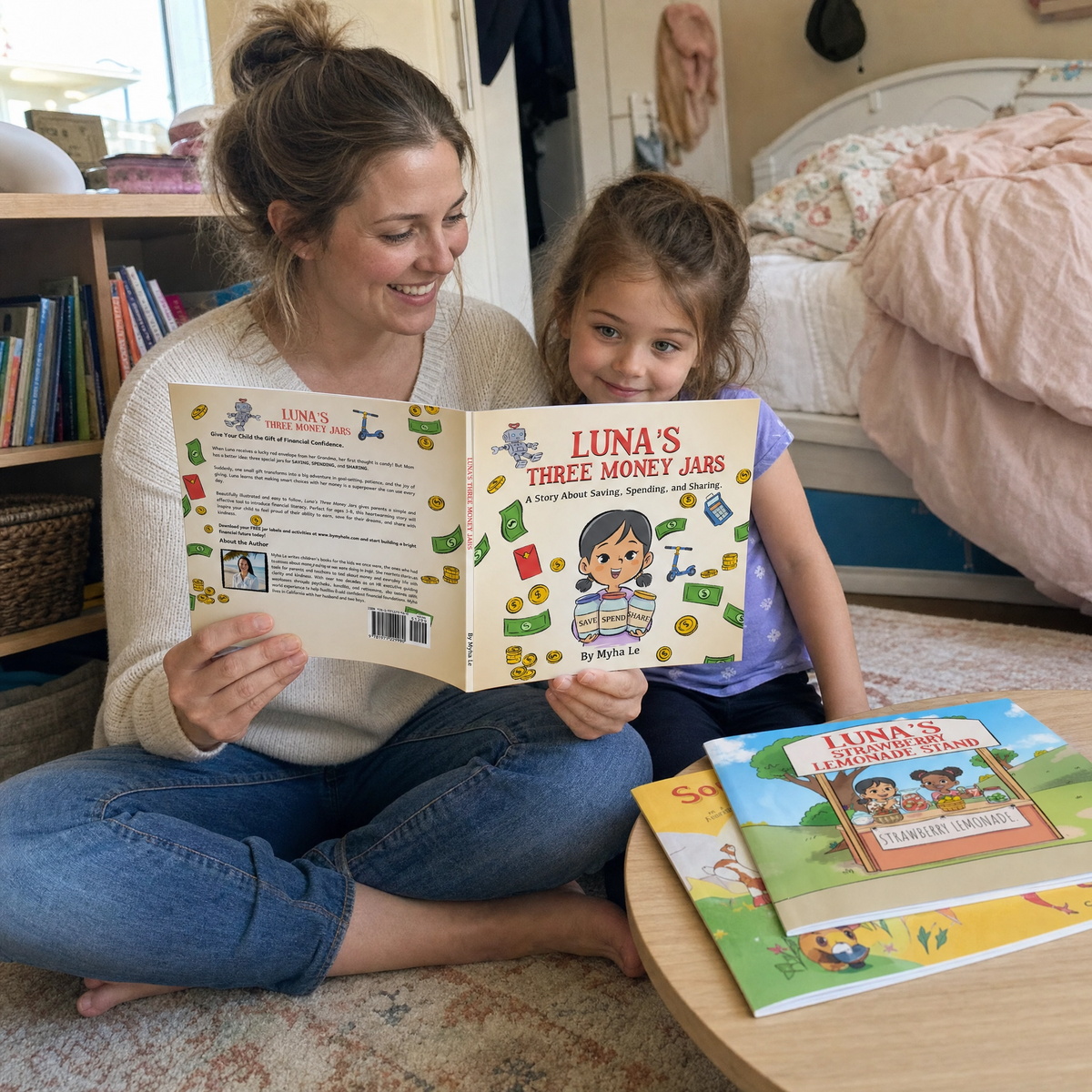 A mother and daughter reading Luna's Three Money Jars together