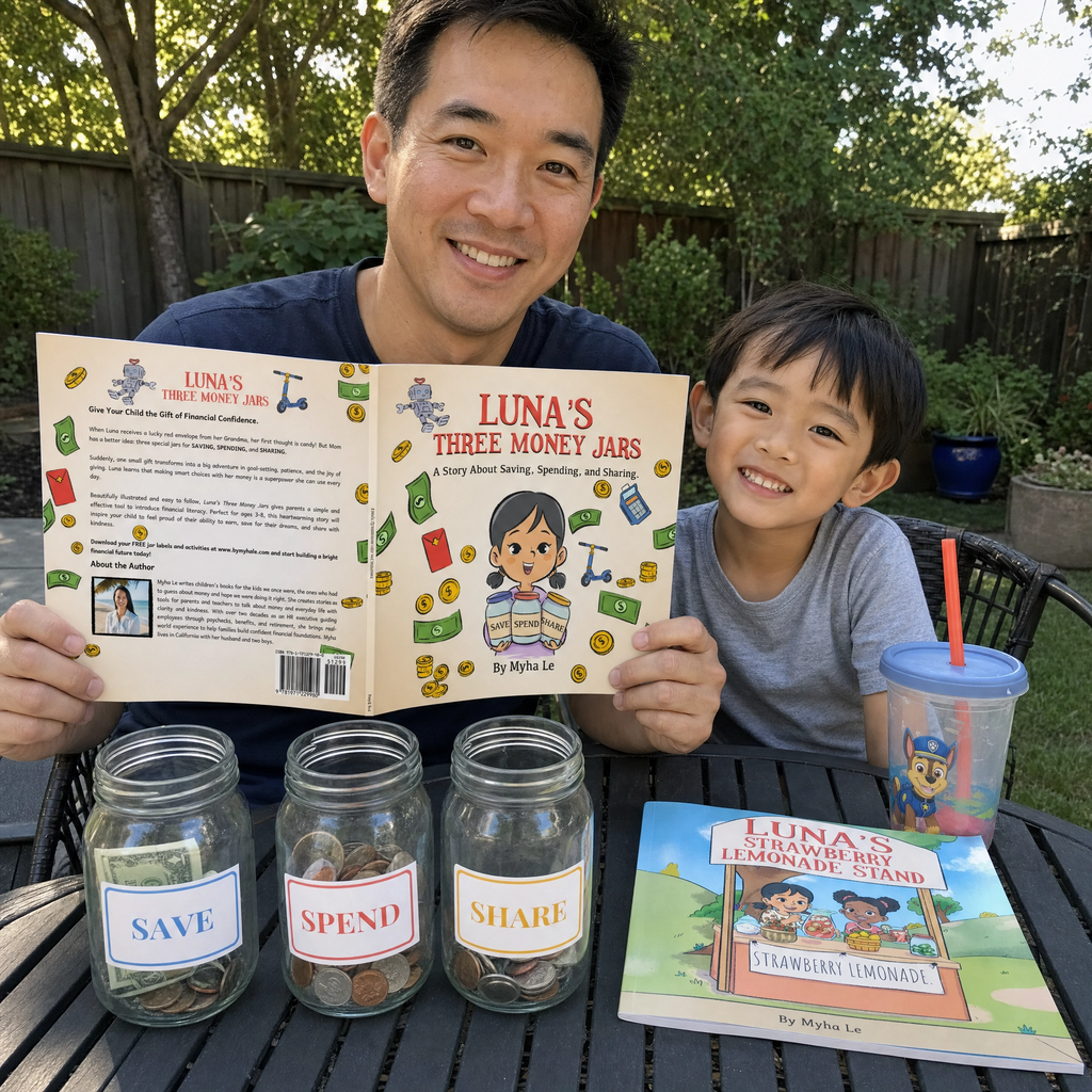 A father and son reading Luna's Strawberry Lemonade Stand together
