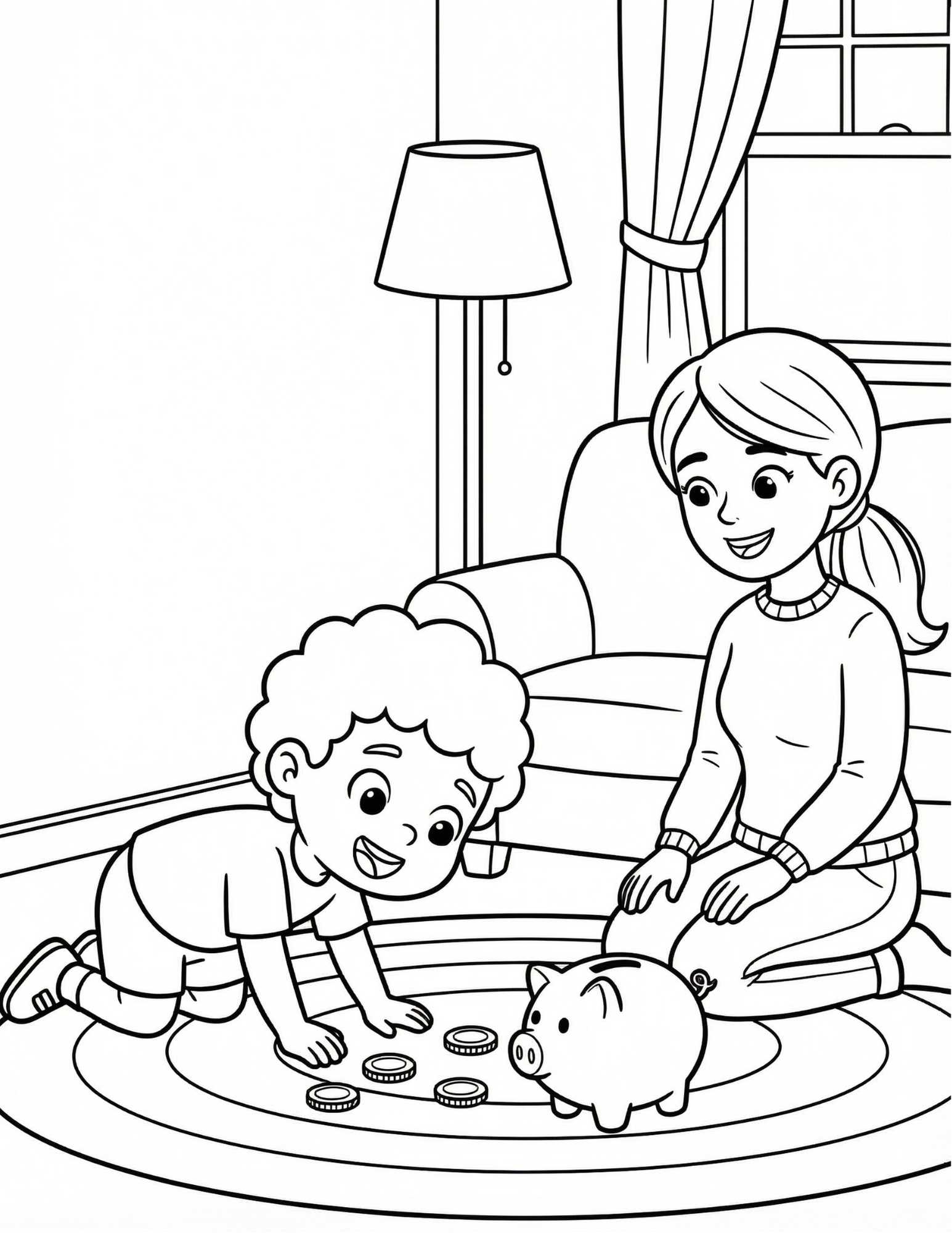 Coloring Page: Ethan And His Piggy Bank