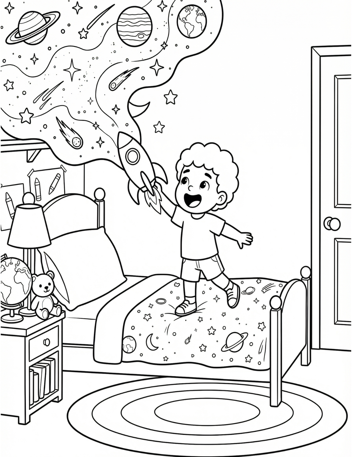 Free Printable Coloring Page: Ethan Plays With His Rocket Ship – By Myha Le
