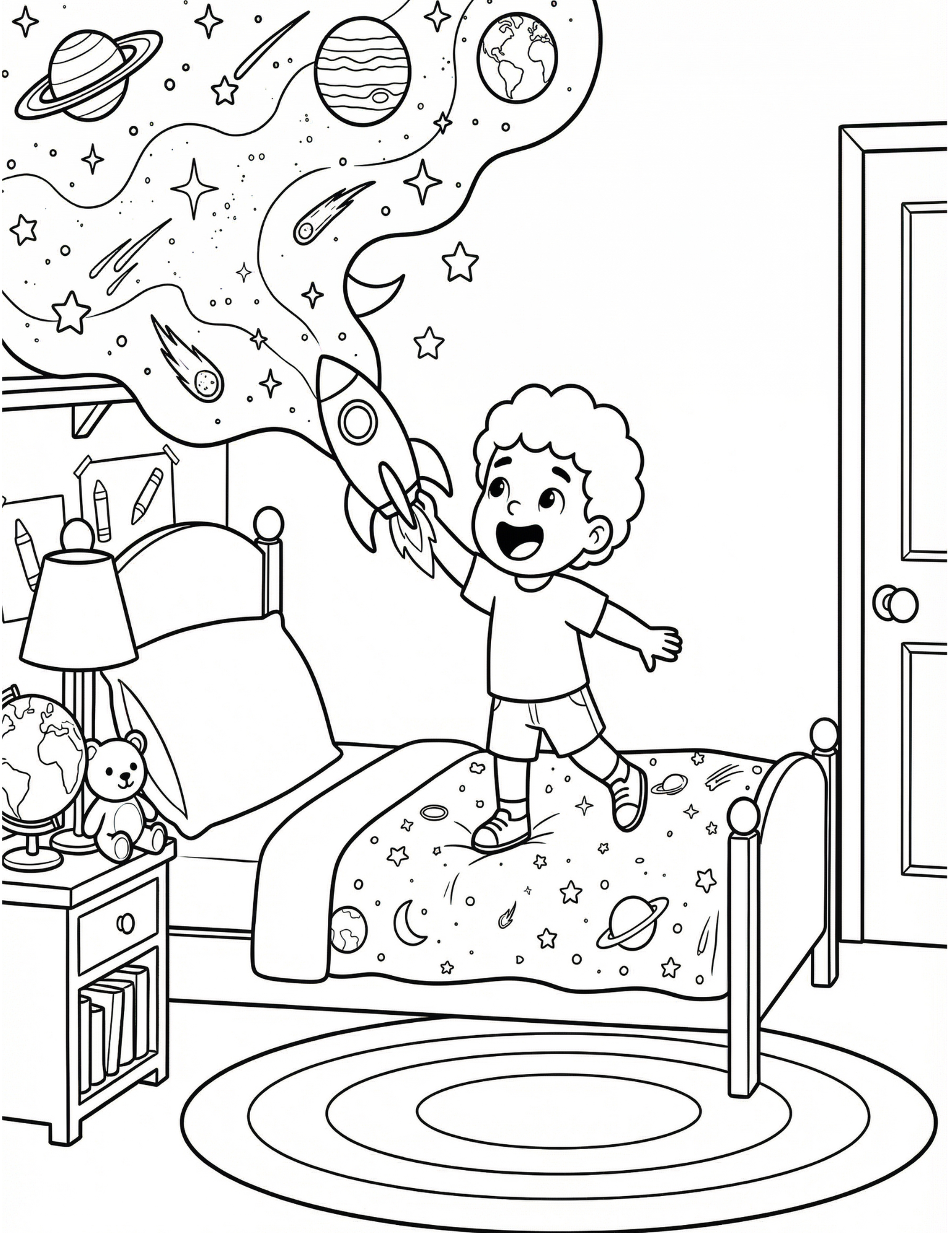 Coloring Page: Ethan Plays With His Rocket Ship