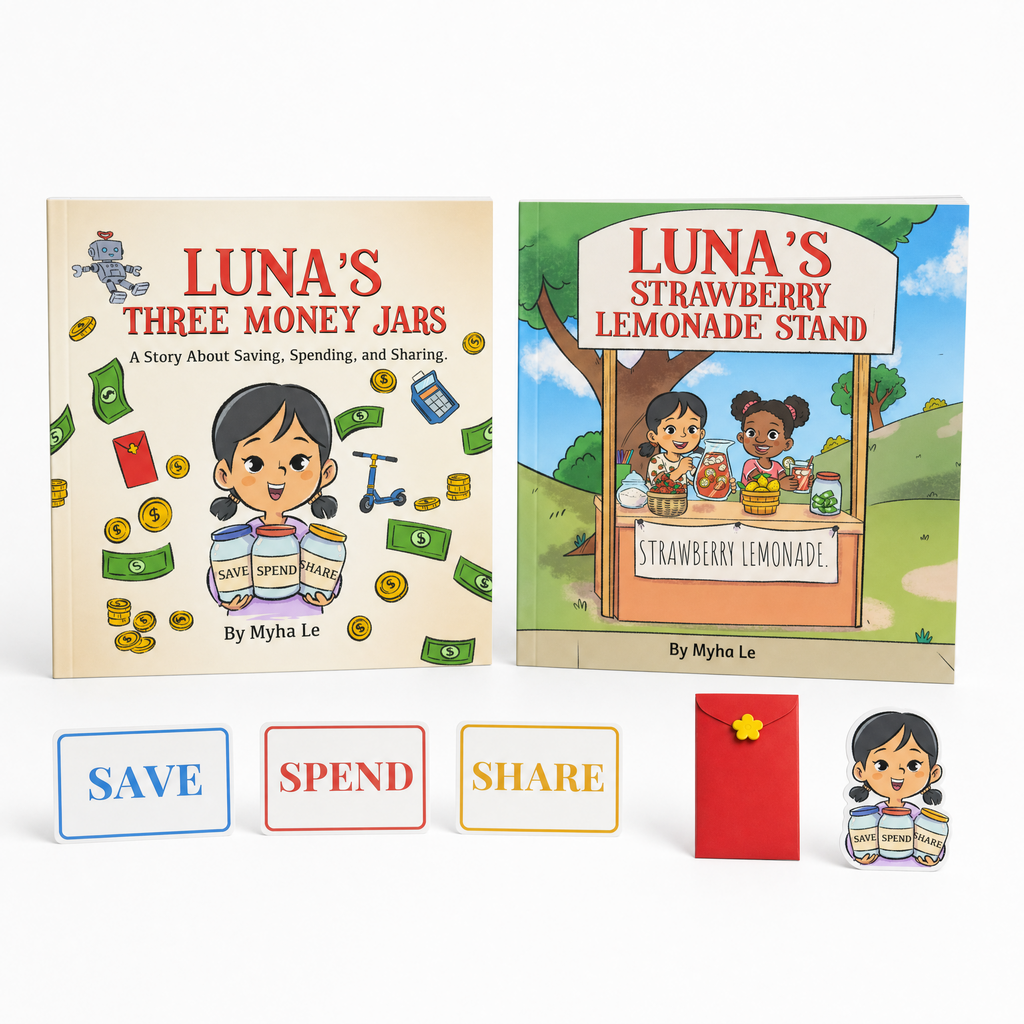 Luna Money Confidence Start Kit with two Luna books, a red envelope, save spend share labels and a sticker