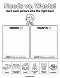 Activity Sheet: Needs vs Wants